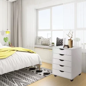 Modern Adjustable Wooden Office Filing Cabinet 5 Drawer Mobile Pedestal Large Capacity for Home Office Bedroom School Hotel Use