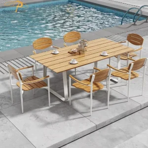 Modern Aluminum Plastic Wooden Dining Table Set 6 Seater Luxury Style Outdoor Restaurant Dining Sets for 4-6 People