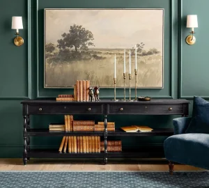 Modern American Black Oak Console Table Customizable Size 2-Drawer Entryway Table Luxury Spindle Sofa Table