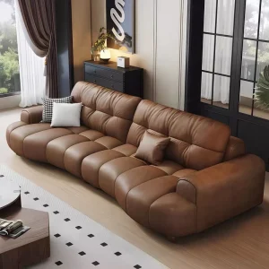 Modern American Retro Top Layer Cowhide Curved Combination Genuine Leather Sofa for Living Room Hotel Showroom