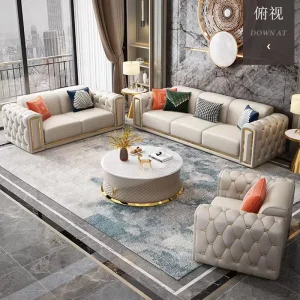 Modern American style Light Luxury Leather Sofa Set Luxurious Living Room Villa Straight row Italian style Tufted Leather Sofa