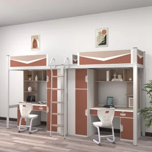 Modern Apartment Bed Furniture Student Dormitory Bunk Bed with Floors Storage Cabinet Study Space and Bookshelf