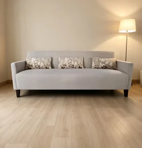 Modern Apartment Condo Furnishing Light Grey Fabric Furniture Living Room Upholstered Three Seater Sofa for Residential Space
