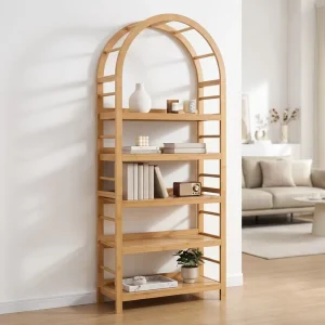 Modern Arched Bamboo Display Shelf 5 Tier Romanesque Bookcase Elegant Artistic Plant Stand for Living Room