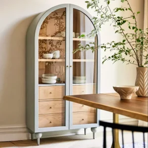 Modern Arched Display Hutch Solid Wood Glass Doors 6 Drawers Two tone Luxury Mid century Living Room Cabinet