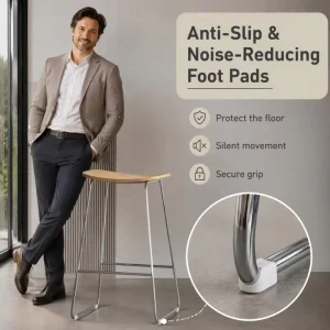 Modern Backless Bar Stool Solid Wood Curved Seat Electroplated Steel Legs Counter Stool with Footrest Multiple Heights