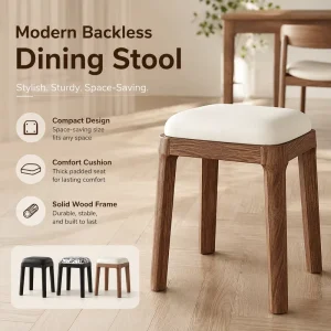 Modern Backless Dining Stool with Solid Wood Frame and Thick Padded Seat Space Saving Accent Stool for Home and Restaurant