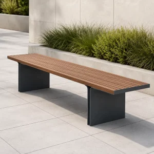 Modern Backless Outdoor Park Bench Flat Metal Support Legs WPC Wood Plastic Slat Long Seat for Garden Plaza Landscape