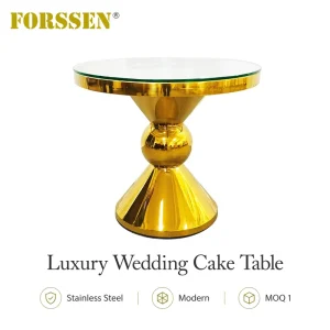 Modern Ball Pedestal Gold Stainless Steel Cake Table with Tempered Glass Top for Outdoor Hotel Dining Wedding Banquet