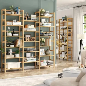 Modern Bamboo Bookshelf 71″ Tall Triple Wide Freestanding Bookcase 10+ Shelves 6 Tier Etagere Space Saving Back Lightweight
