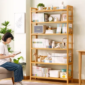 Modern Bamboo Simple Bookshelf Floor Storage Rack with Adjustable Partition for Living Room Furniture 5 Shelves