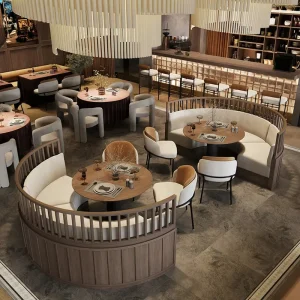 Modern Bar Stool Wood Fabric Half Circle Restaurant Table and Chair Sofa Booth Seating Furniture Set for Commercial Hospitality