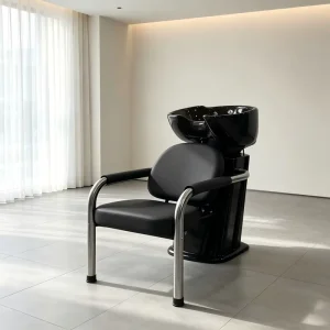 Modern Barber Shop Hair Salon Semi Reclining Adjustable Height Hair Washing Chair Iron Frame Ceramic Basin Leather Material