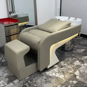Modern Barber Shop Salon Shampoo Bed with Ceramic Basin Leather Upholstery Stainless Steel Frame Semi Reclining Design