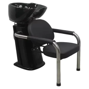 Modern Barber Shop Semi Recumbent Adjustable Height Shampoo Chair Iron Frame Ceramic Basin Leather Material Metal Armrest No