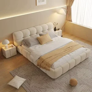 Modern Bed Hotel King Size Double Warm Velvet Tufted Upholstered Queen Bed Bedroom Furniture Cream White Cloud Bed Set
