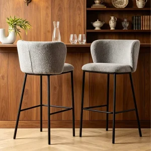 Modern Beige Boucle Fabric Bar Stool Black Metal Frame Counter Height High Chair for Cafe Bistro Home Bar Commercial Furniture