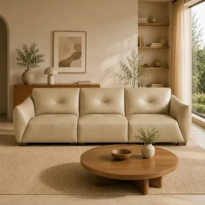 Modern Beige Leather Sofa with Tufted Backrest and Curved Armrests for Living Room