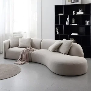 Modern Beige Teddy Fabric L Shape Sofa Curve Corner Couch Living Sofa Sets Curve Corner Sofa
