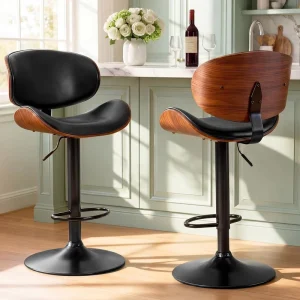Modern Bentwood Bar Stool Adjustable Height Sturdy Gas Lift Large Non-Scratch Metal Base Bar Chair