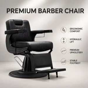 Modern Black Barber Chair Hydraulic Reclining Salon Chair with Headrest Footrest and Minimal Backrest Design