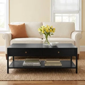 Modern Black Coffee Table Storage Shelf Side Table for Living Room