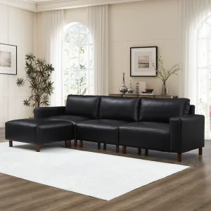Modern Black Faux Leather Sofa 3 Seater Modular Sectional Couch Mid Century Living Room Sofa Furniture for Small Apartment