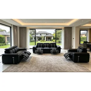 Modern Black Genuine Leather Home Theater Recliner Sofa Set Power Reclining Sofa with Massage Function for Villa Living Room