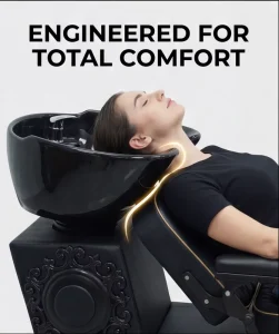 Modern Black Gold Hair Salon Shampoo Chair Ergonomic Reclining Backwash Unit with Footrest Durable Salon Furniture