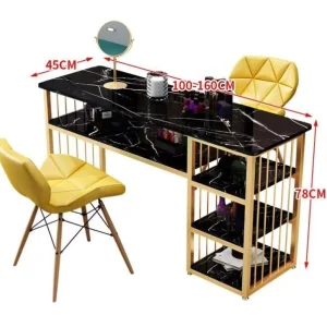 Modern Black Gold Salon Furniture Wood Pallet Extension Metal Marble Nail Table and Chairs Set Manicure Table