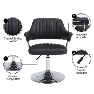 Modern Black Leather Bar Chair Metal Base Channel Stitched Integrated Armrests Height Adjustable Swivel Counter Height Stool