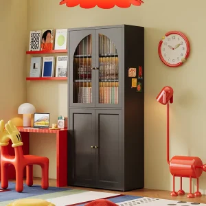 Modern Black Metal Arched Bookshelf Steel Bookcase with Door Storage Shelf for Books in the Study