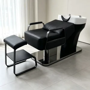Modern Black PU Leather Reclining Adjustable Height Shampoo Chair Set Metal Armrest Foot Stool White Ceramic Hotel Living Room