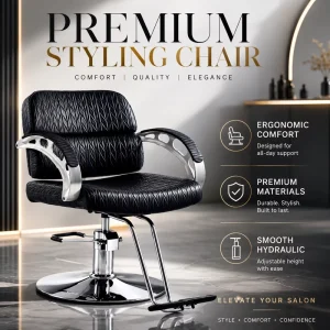 Modern Black Salon Styling Chair Hydraulic Barber Chair with Round Base Footrest and Chrome Armrest Design