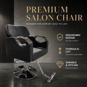 Modern Black Salon Styling Chair Hydraulic Barber Chair with Round Base Footrest and Chrome Curved Armrest Design