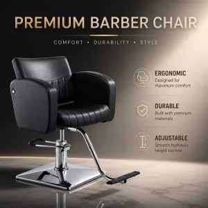 Modern Black Salon Styling Chair Hydraulic Barber Chair with Square Base Footrest and Semi Enclosed Armrest Design