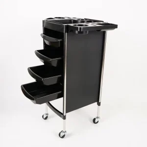 Modern Black Salon Trolley Beauty Cart for Hairdresser and Barber Sleek Metal Design with Plastic 4 Wheel Durable & Comfortable