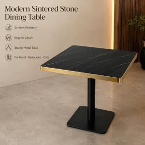 Modern Black Sintered Stone Dining Table Gold Vein Marble Top Metal Trim Pedestal Base Square for Hotel Restaurant OEM Custom