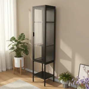 Modern Black Steel Storage Cabinet with Glass Doors and Tall Display Shelves Ideal for Minimalist Living Rooms and Offices