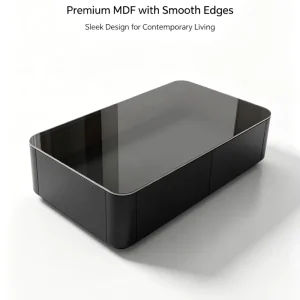 Modern Black Tempered Glass Coffee Table Round Edge MDF Storage Frame Easy Clean Scratch Resistant for Living Room Home Office