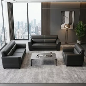 Modern Black Three Seat Leather Office Sofa Set with High Density Sponge Armchairs Coffee Table School Commercial Furniture