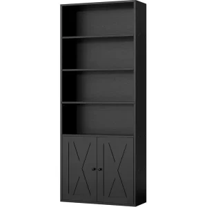 Modern Black Wood Bookshelf with 4 Shelves Floor Standing Design Doors Included for Home Office and Living Room