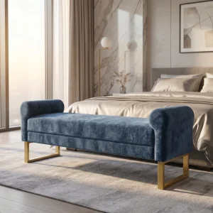 Modern Blue Chenille Adjustable End of Bed Bench Rolled Arm Gold Metal Leg for Bedroom Living Room Hotel Apartment
