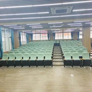 Modern Blue Fabric Folding Auditorium Chair with Plastic Armrest Steel Leg Row Number for Church Opera House Cinemas School