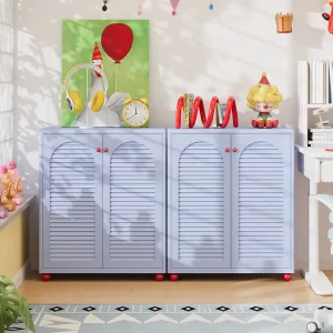 Modern Blue Louvered Rounded Corner Steel Adjustable Height Bookshelf for Children’s Study Area Home Office Living Room