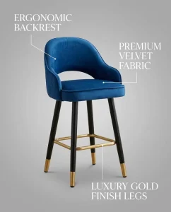 Modern Blue Velvet Commercial Grade Bar Stool Armrests Counter Height Black Legs Gold Footrest for Kitchen Island Home Bar Hotel
