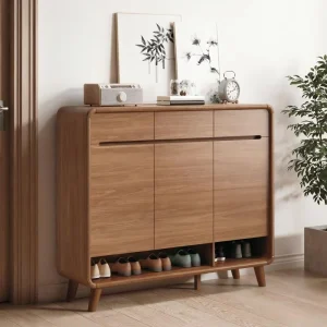 Modern Board Wood Bonding Shoe Rack Natural Finish Sleek Minimalist Design Two Spacious Doors Lower Shelf Durable Living Room