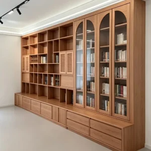 Modern Bookcase Cabinet with Glass Doors and TV Niche Custom Library Furniture for Home Office or Living Room