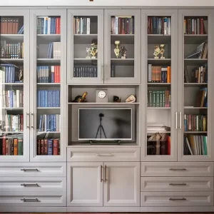Modern Bookcase Cabinet with Glass Doors and TV Niche Custom Library Furniture for Home Office or Living Room