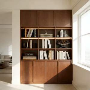 Modern Bookcase with LED Lighting and Cabinet Doors Walnut Wood Bookshelf for Home Project Custom